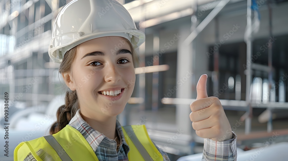Female construction worker smiling and giving a thumbs up at a construction site Female construction worker smiling and giving a thumbs up at a construction site