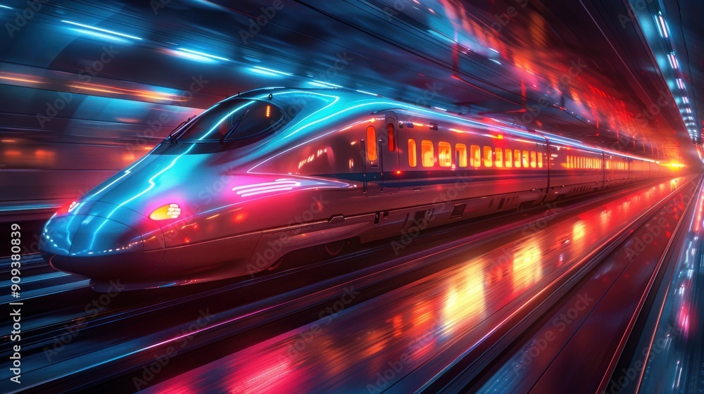 High-Speed Train In Tunnel with Neon Lights High-Speed Train In Tunnel with Neon Lights