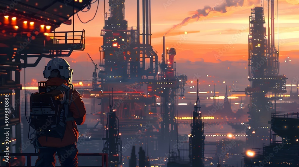 Engineer in protective gear supervising an industrial complex at twilight Engineer in protective gear supervising an industrial complex at twilight