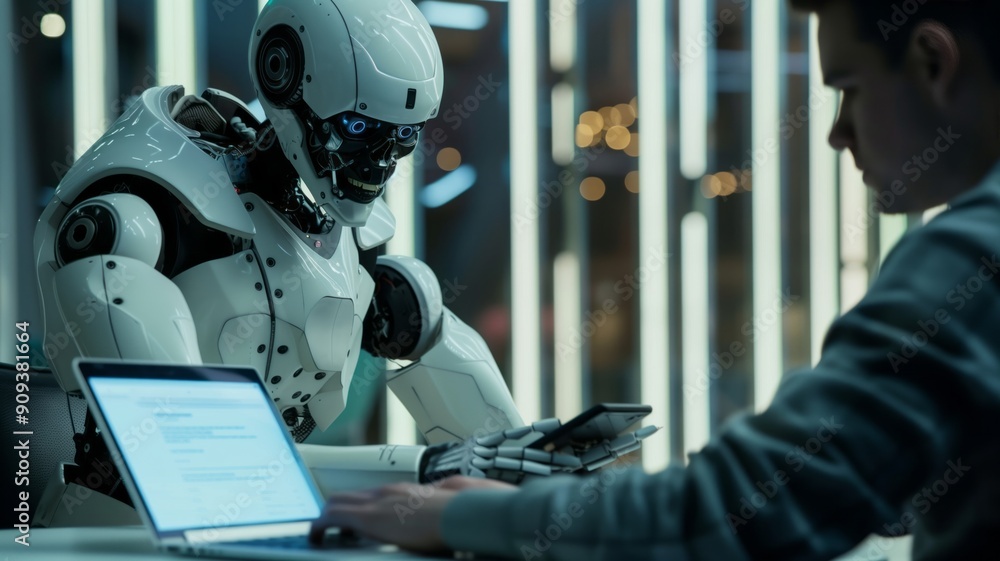 A humanoid robot working on a laptop beside a man in a modern A humanoid robot working on a laptop beside a man in a modern