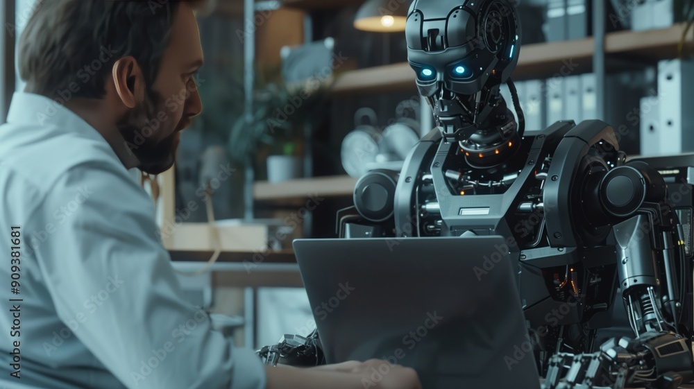 A humanoid robot working on a laptop beside a man in a modern A humanoid robot working on a laptop beside a man in a modern