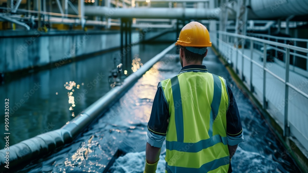 An engineer in a reflective vest and hard hat inspecting a large industrial facility An engineer in a reflective vest and hard hat inspecting a large industrial facility