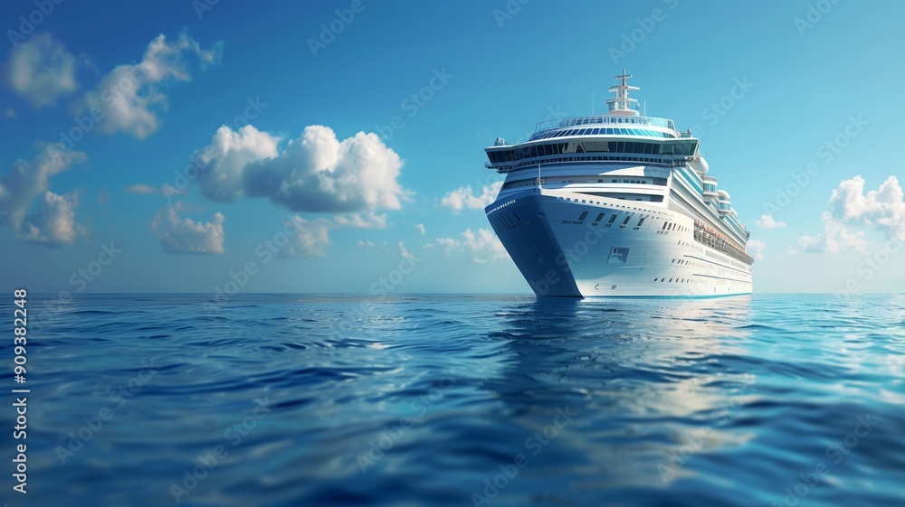 Naklejka premium A large cruise ship navigating through the ocean under a clear blue sky with scattered clouds