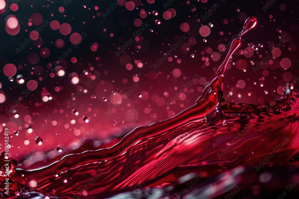 elegant red wine splash captured midmotion ruby liquid forming intricate shapes against dark background droplets suspended in air
