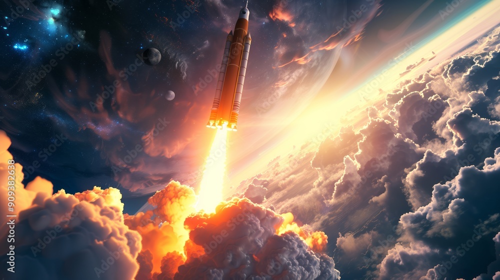 Fototapeta premium A rocket launching into the sky with bright orange flames and smoke