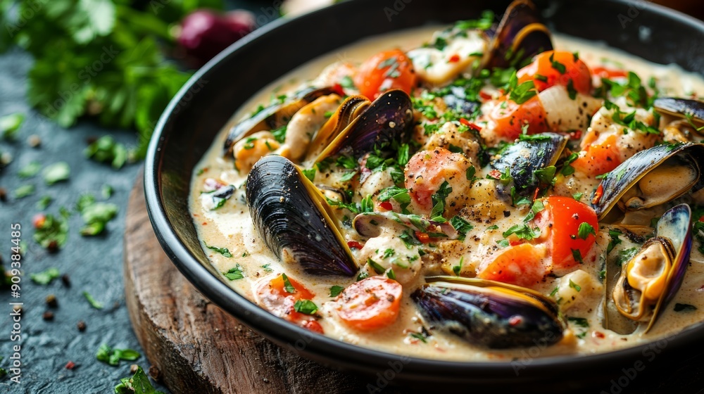 juicy mussels in a creamy sauce with chili pepper and herbs. delicious sea food juicy mussels in a creamy sauce with chili pepper and herbs. delicious sea food