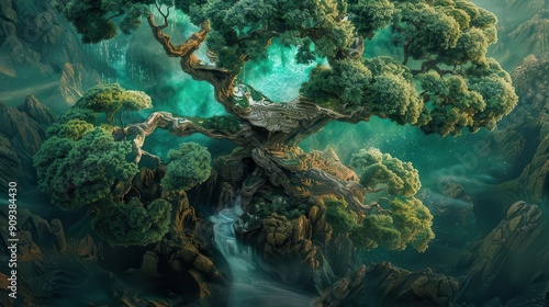 bonsai world tree aerial view of miniature ecosystem contained within ancient tree branches tiny settlements rivers of light fractal patterns fantasy illustration style