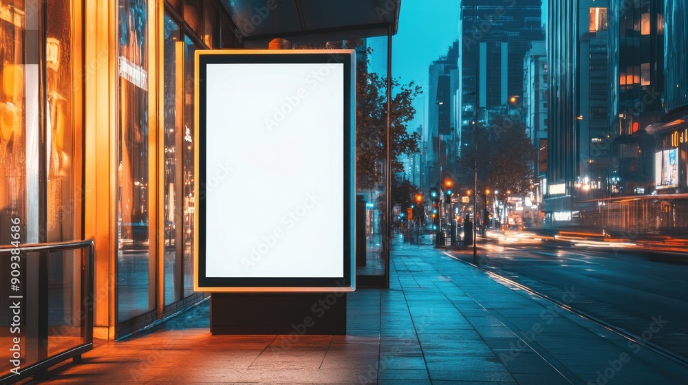 Blank Billboard on a City Sidewalk at Night Blank Billboard on a City Sidewalk at Night