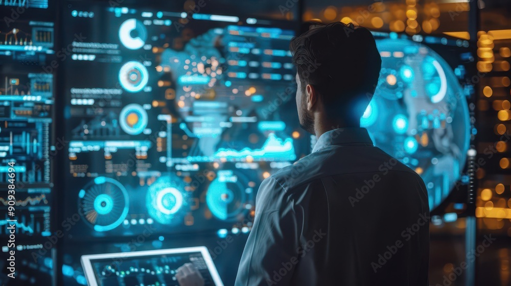 businessperson analyzing holographic data charts futuristic office setting glowing graphs touchscreen interfaces focused expression businessperson analyzing holographic data charts futuristic office setting glowing graphs touchscreen interfaces focused expression