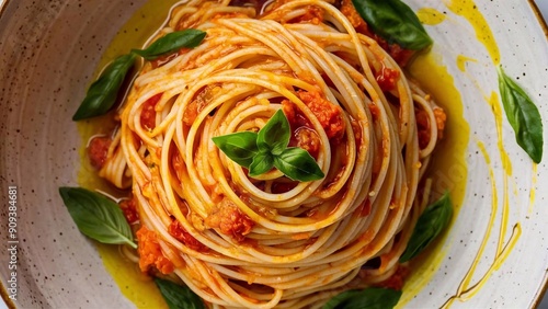 Bowl of spaghetti with red marinara sauce, drizzled with yellow oil, garnished with basil leaves on a light surface. photo