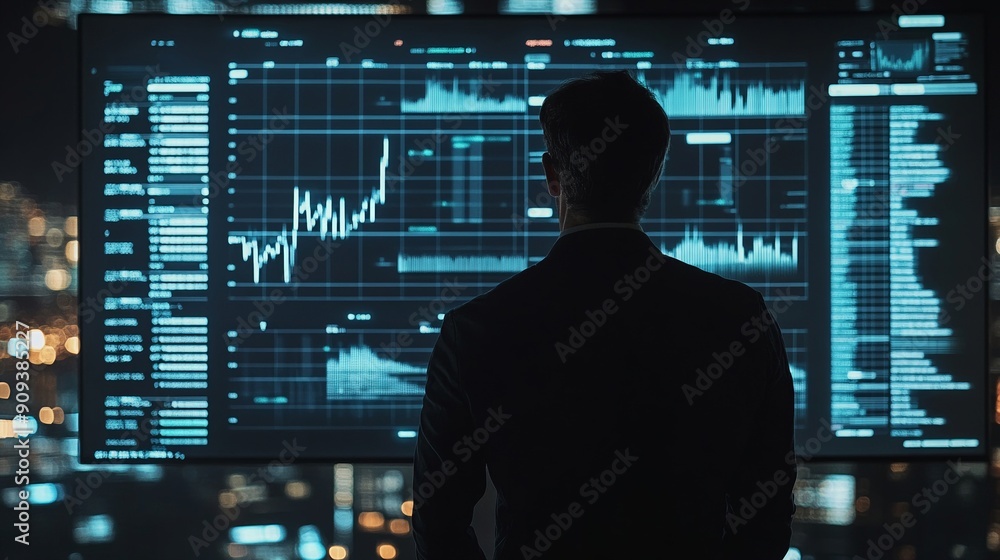 Reverse Angle of Investment Data Strategy View from behind an investor as they analyze a large digital screen filled with investment data and strategic charts, in a modern style Reverse Angle of Investment Data Strategy View from behind an investor as they analyze a large digital screen filled with investment data and strategic charts, in a modern style