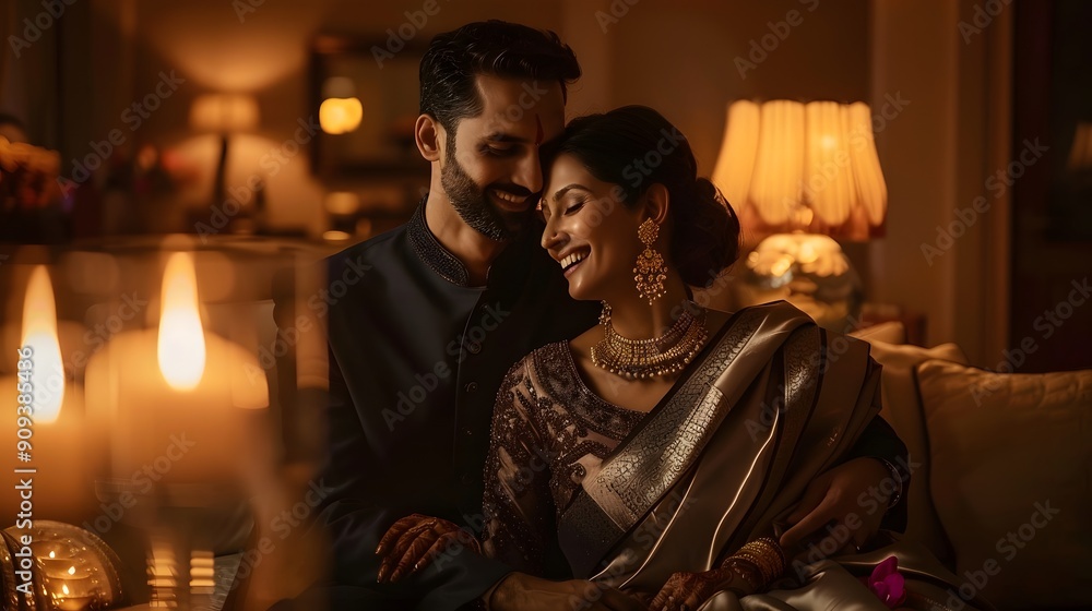 Couple in traditional Indian attire celebrating Diwali at home with festive decorations Couple in traditional Indian attire celebrating Diwali at home with festive decorations