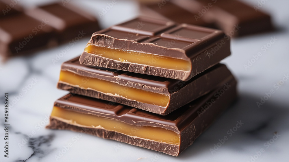 Milk chocolate bars, soaked in juicy caramel, carefully placed on noble marble, attract attention and gourmets with their appetizing appearance Milk chocolate bars, soaked in juicy caramel, carefully placed on noble marble, attract attention and gourmets with their appetizing appearance