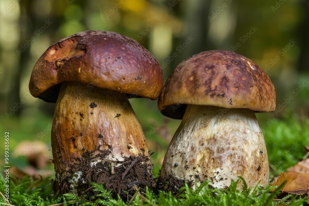 Two brown and white mushrooms are growing in green forest moss Two brown and white mushrooms are growing in green forest moss