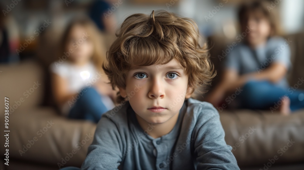 Boy sitting apart from his family on a sofa. Boy sitting apart from his family on a sofa.