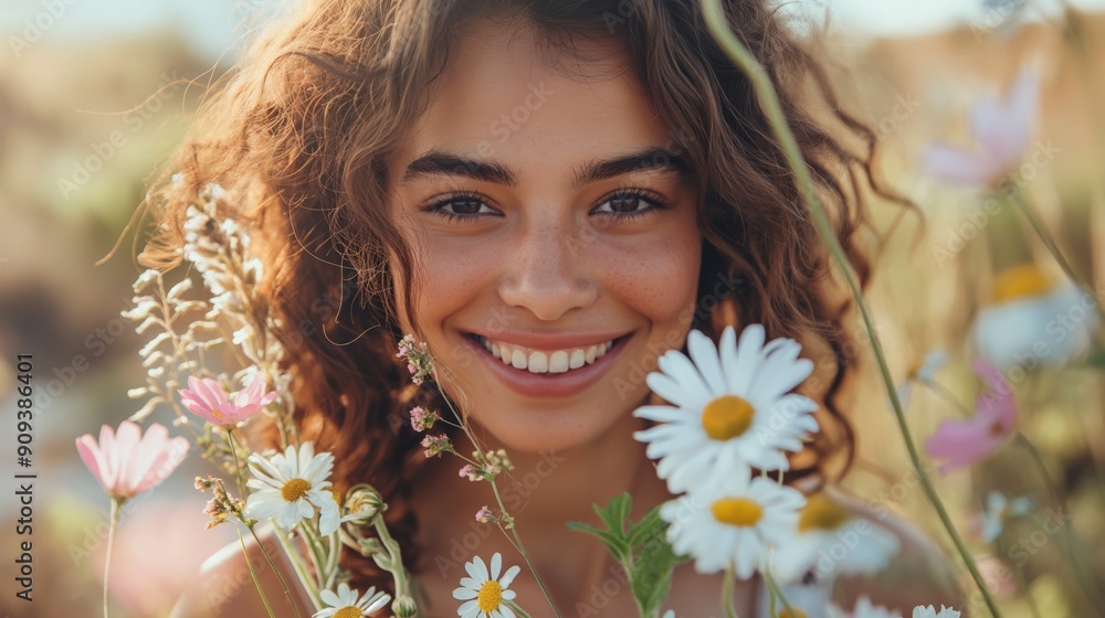 Portrait of smiling woman with flower bouquet Portrait of smiling woman with flower bouquet