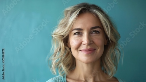 confident middleaged woman genuine smile natural makeup casual chic outfit turquoise studio background soft flattering lighting photo