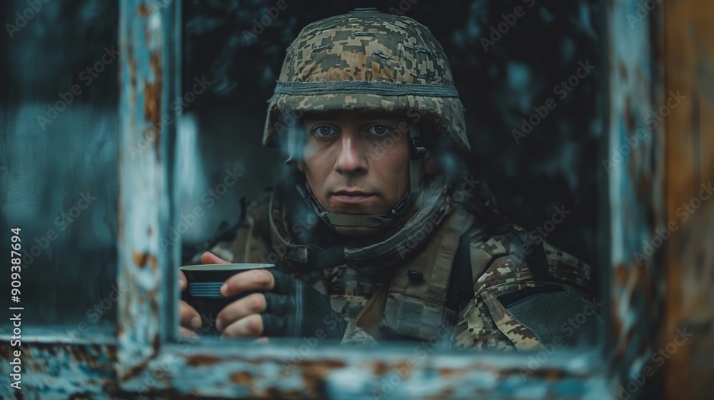 Fototapeta premium Soldier looking through window while holding coffee mug