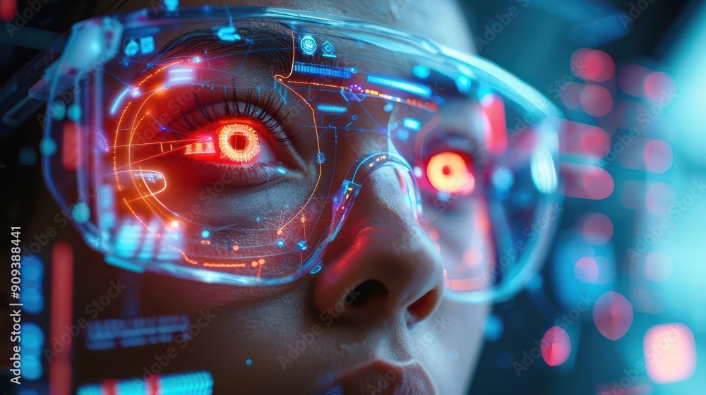 cybernetic vision correction person with glowing hightech eyes undergoing laser treatment surrounded by holographic medical interface and floating eye diagrams in a sleek futuristic clinic cybernetic vision correction person with glowing hightech eyes undergoing laser treatment surrounded by holographic medical interface and floating eye diagrams in a sleek futuristic clinic