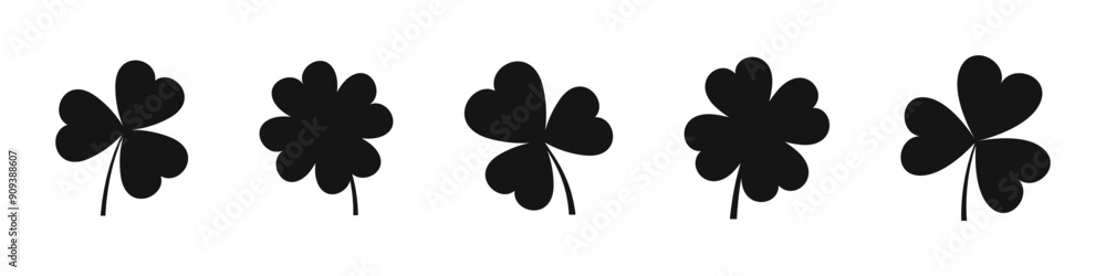 Clover four and three leaves vector set. Lucky plant silhouette icons. Clover four and three leaves vector set. Lucky plant silhouette icons.