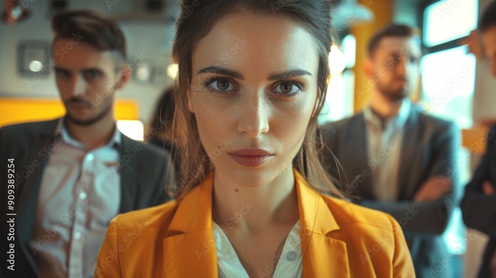 Business team in a modern office with focus on a confident leader. Professional setting with natural light. Business team in a modern office with focus on a confident leader. Professional setting with natural light.