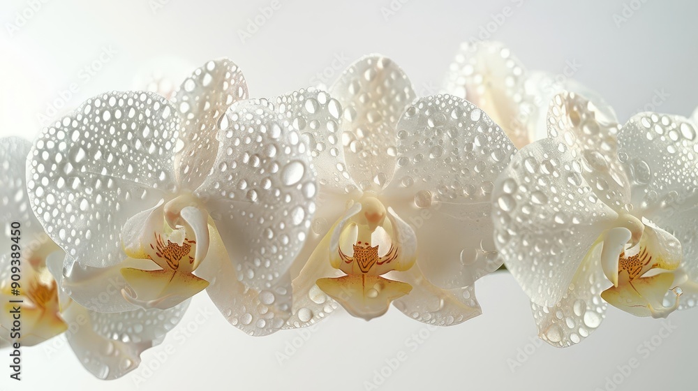delicate white orchid blossom with dew drops extreme closeup on pure white background soft lighting enhances texture and purity delicate white orchid blossom with dew drops extreme closeup on pure white background soft lighting enhances texture and purity
