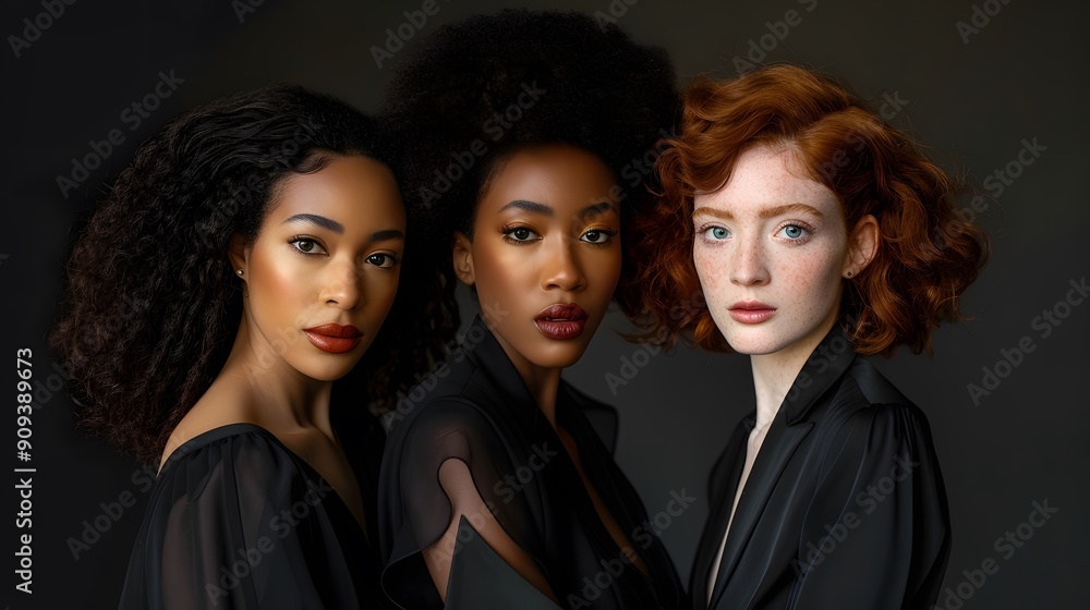 Elegant portrait of three women with diverse features and modern fashion Elegant portrait of three women with diverse features and modern fashion