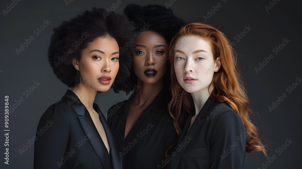Portrait of four diverse women with natural hairstyles in elegant black attire Portrait of four diverse women with natural hairstyles in elegant black attire