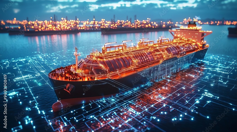 Industrial LNG Liquefied Natural Gas LNG shipping routes, holographic ...