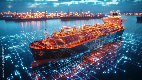 Industrial LNG Liquefied Natural Gas LNG shipping routes, holographic mapping systems, futuristic maritime technology, global energy trade