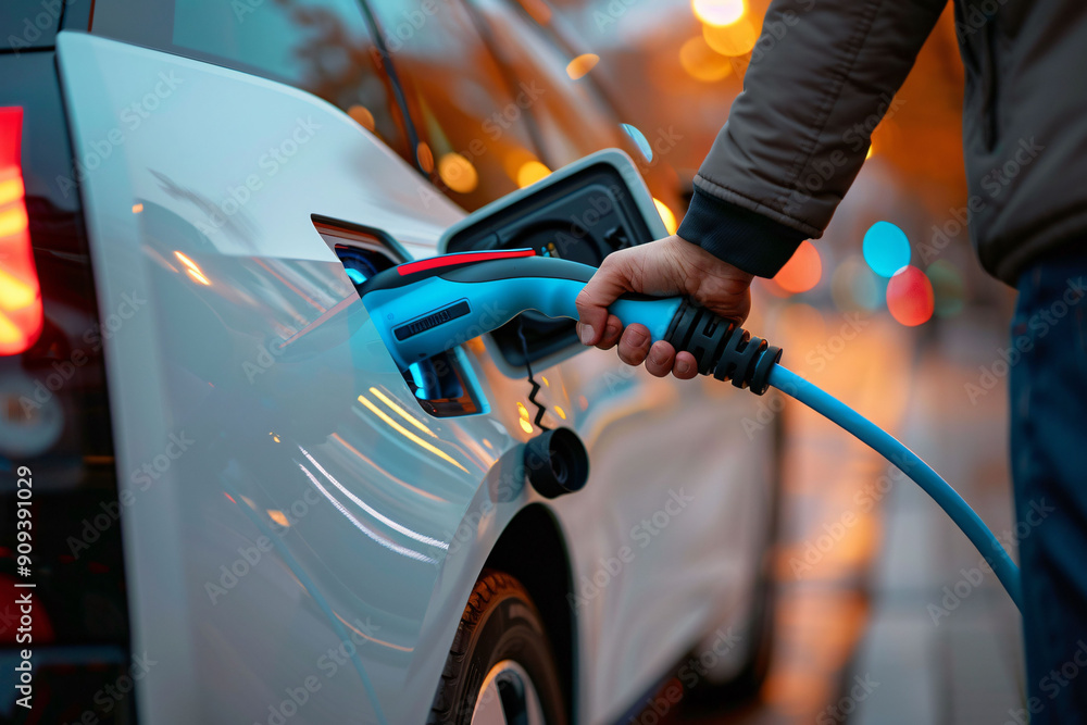 hand plugging a charging electric vehicle at charging station hand plugging a charging electric vehicle at charging station
