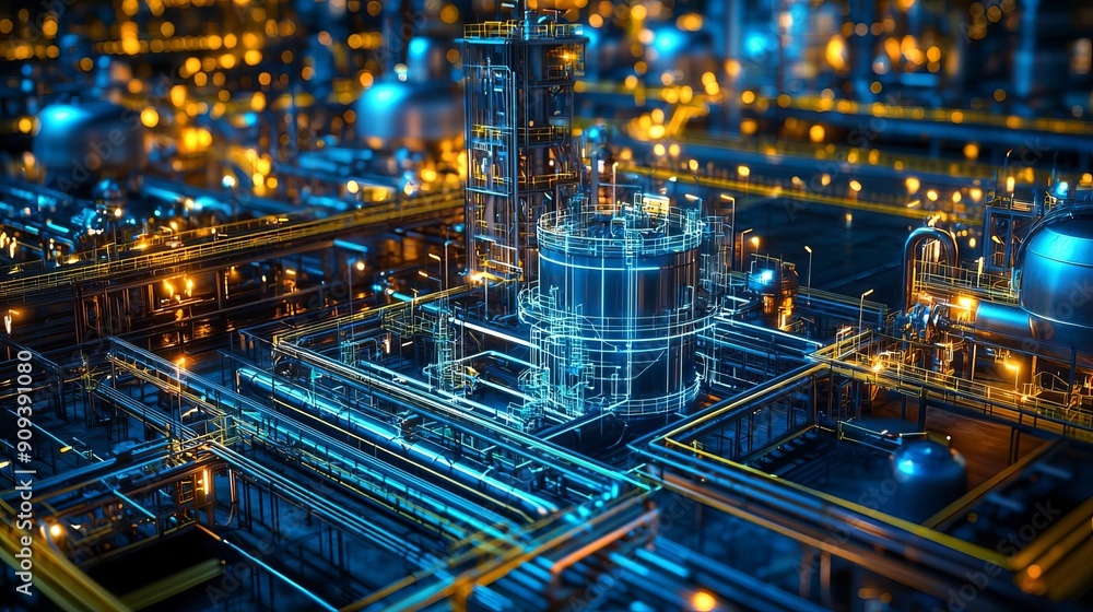 Fototapeta premium Industrial LNG Liquefied Natural Gas LNG facility security, holographic surveillance, futuristic safety systems, advanced protection technology
