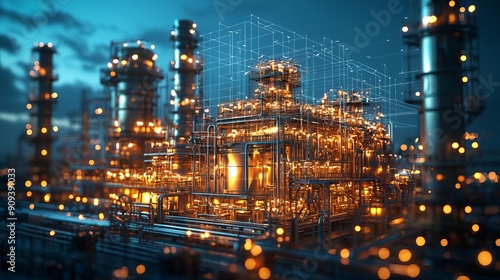 Industrial LNG Liquefied Natural Gas Augmented reality LNG plant schematics, digital holograms, futuristic engineering solutions