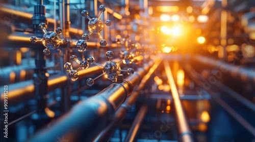 Industrial LNG Liquefied Natural Gas An abstract representation of molecules and atoms, symbolizing the chemical transformation of natural gas into its liquefied state