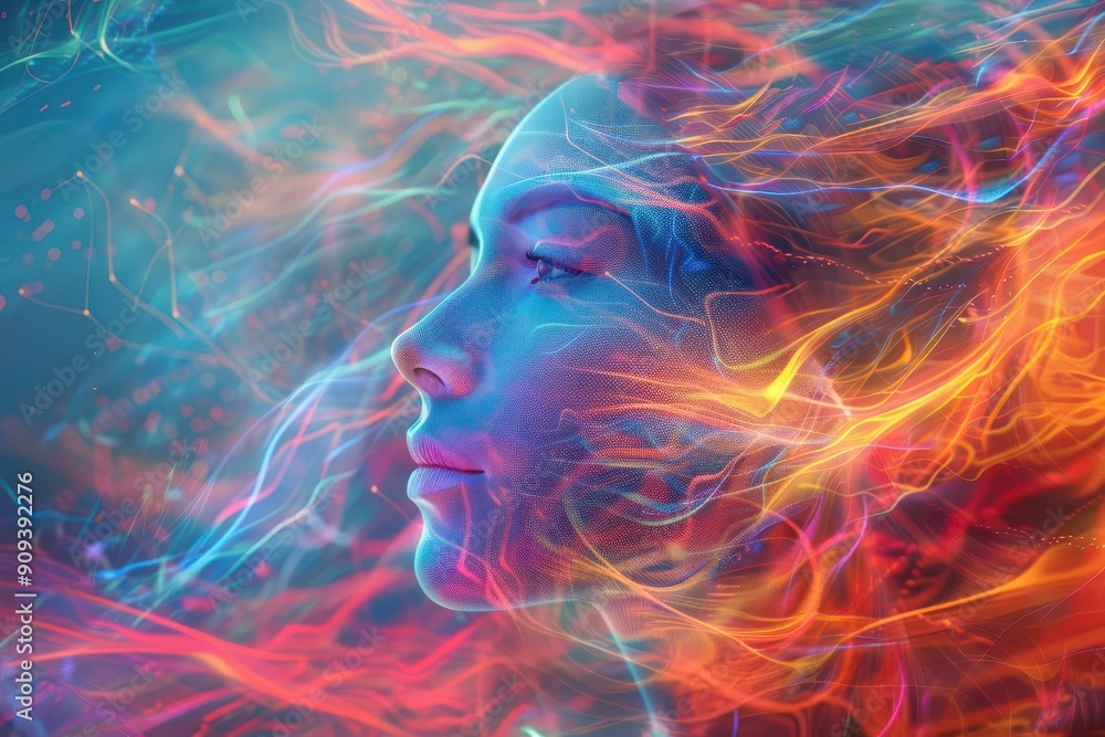 ethereal holographic womans face emerging from swirling mist iridescent skin texture and flowing data streams as hair ethereal holographic womans face emerging from swirling mist iridescent skin texture and flowing data streams as hair