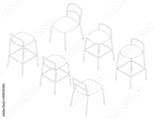 Vector illustration Bar stool icons set of contours. Chair bench. Club furniture. Isometric view. 3D.