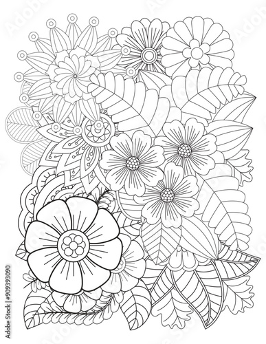 Doodle floral drawing. Art therapy coloring page. Flower coloring book Page. Doodle pattern in black and white. Zentangle art drawing pattern. Floral pattern for coloring book.