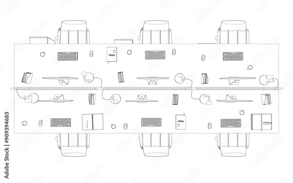 Contour Office room. There are tables, chairs, computers, case for documents and other objects. Office interior with furniture. Modern business workplace or workspace design. Vector illustration. 3D Contour Office room. There are tables, chairs, computers, case for documents and other objects. Office interior with furniture. Modern business workplace or workspace design. Vector illustration. 3D