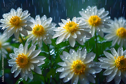 The rain envelops white flowers.