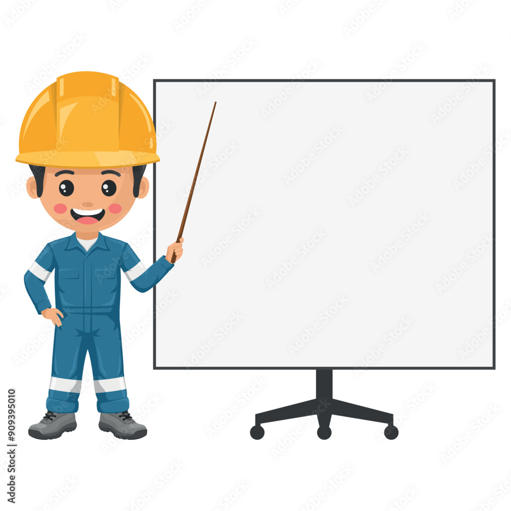 Industrial mechanic worker with his personal protective equipment coat giving a talk or training on a whiteboard in a meeting. Safety first. Industrial safety and occupational health at work Industrial mechanic worker with his personal protective equipment coat giving a talk or training on a whiteboard in a meeting. Safety first. Industrial safety and occupational health at work