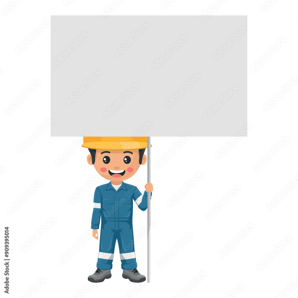 Industrial mechanic worker with his personal protective equipment holding a banner with space for text for advertising, presentations, brochures. Industrial safety and occupational health at work Industrial mechanic worker with his personal protective equipment holding a banner with space for text for advertising, presentations, brochures. Industrial safety and occupational health at work