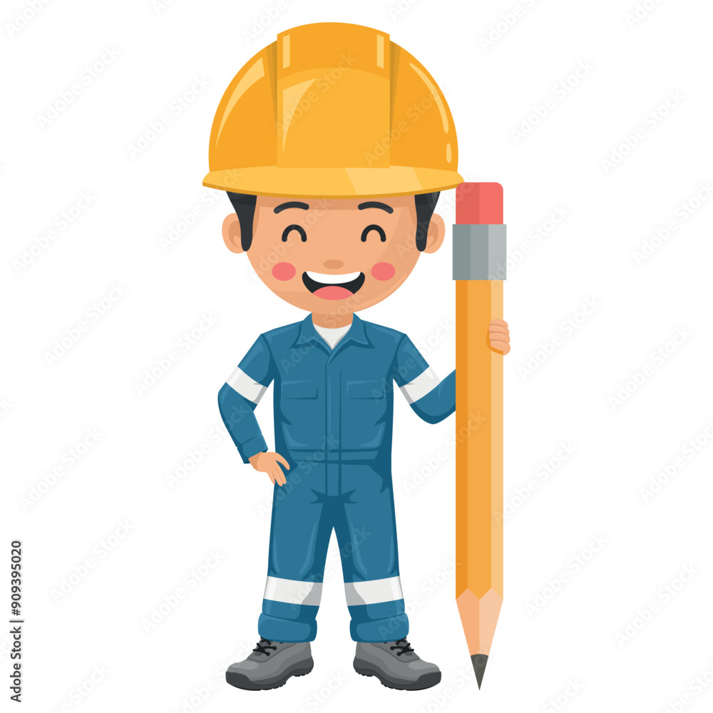 Industrial mechanic worker with giant pencil. Creative concept for project management. Safety first. Engineer with his personal protective equipment. Industrial safety and occupational health at work Industrial mechanic worker with giant pencil. Creative concept for project management. Safety first. Engineer with his personal protective equipment. Industrial safety and occupational health at work