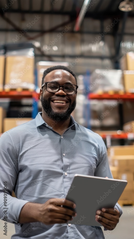 A smiling man wearing glasses stands in a warehouse, holding a tablet. A smiling man wearing glasses stands in a warehouse, holding a tablet.