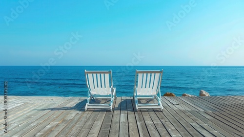 Two empty chairs on wooden walkway with blue sea background