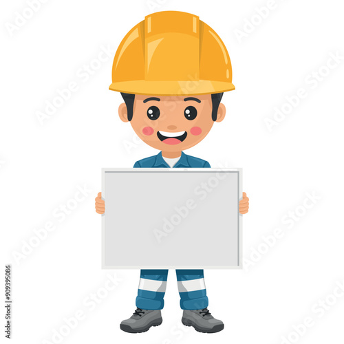 Industrial mechanic worker with his personal protective equipment holding a whiteboard with space for text for advertising, presentations, brochures. Industrial safety and occupational health at work