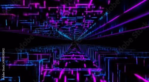 Camera Transition Through Black Background with Blue and Purple Lines