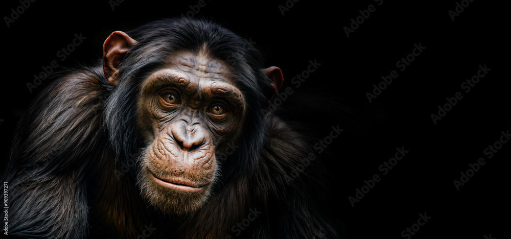 Close-up view of a male chimpanzee. Low-key lighting view of a wild animal, isolated on a black background, banner. Created using generative AI tools Close-up view of a male chimpanzee. Low-key lighting view of a wild animal, isolated on a black background, banner. Created using generative AI tools