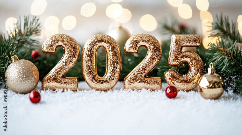 3D golden number 2025 with Christmas ornaments on white background, New Year concept.. 3D golden number 2025 with Christmas ornaments on white background, New Year concept..