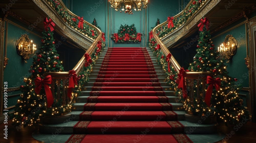 Fototapeta premium A red staircase leading up to a green room with Christmas decorations.
