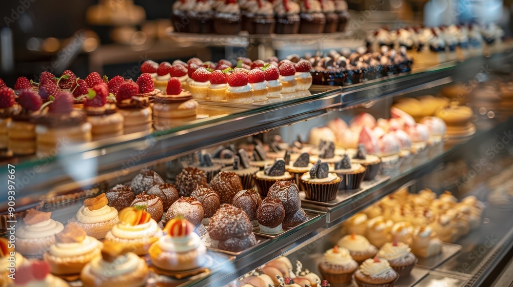 elegant pastry display case filled with an array of colorful meticulously crafted desserts clairs tartlets and cakes are artfully arranged on glass shelves illuminated by soft warm lighting elegant pastry display case filled with an array of colorful meticulously crafted desserts clairs tartlets and cakes are artfully arranged on glass shelves illuminated by soft warm lighting
